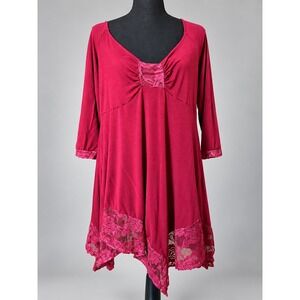Nextmia Tunic Top Women 14 Burgundy Excellent Lace Trim Sharkbite Hem Boho